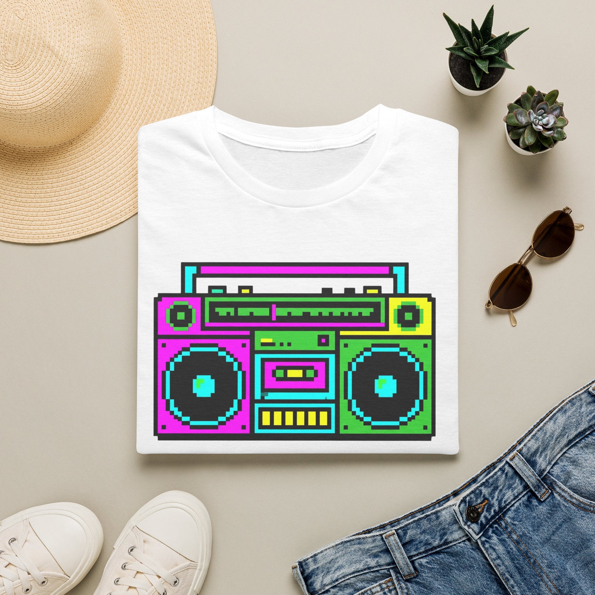 Retro Boombox T-Shirt — Neon 80s Pixel Art Graphic Tee