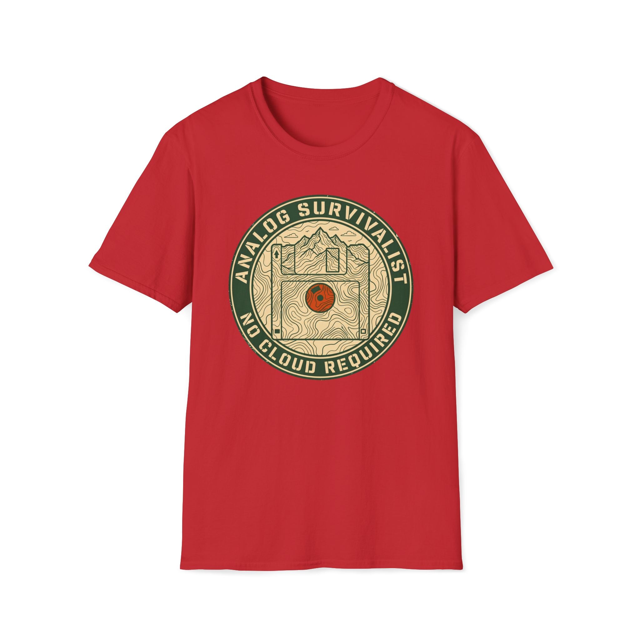 Analog Survivalist T-Shirt — Vintage Outdoor Hiking Record Player Design (No Cloud Required)
