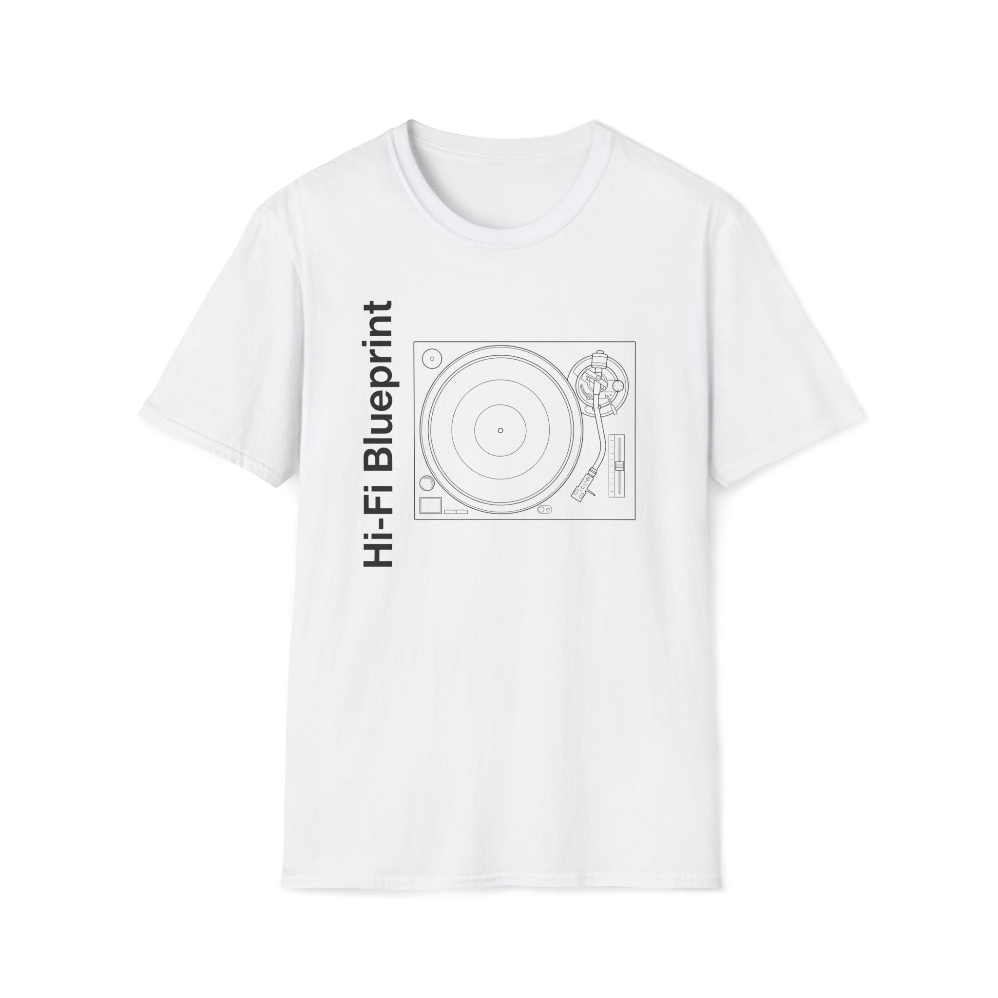 Hi‑Fi Blueprint Turntable T-Shirt — Retro Audio Diagram Tee
