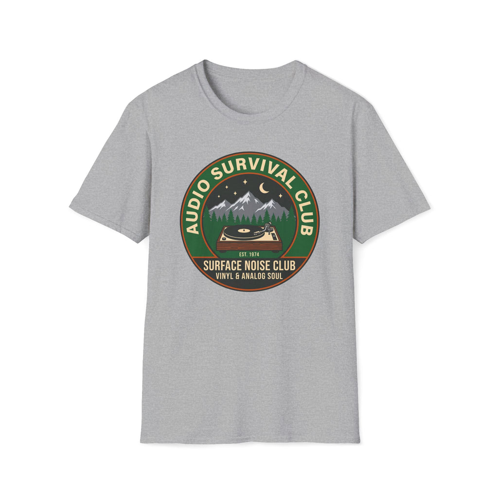 Audio Survival Club T‑Shirt — Retro Mountain Turntable Graphic