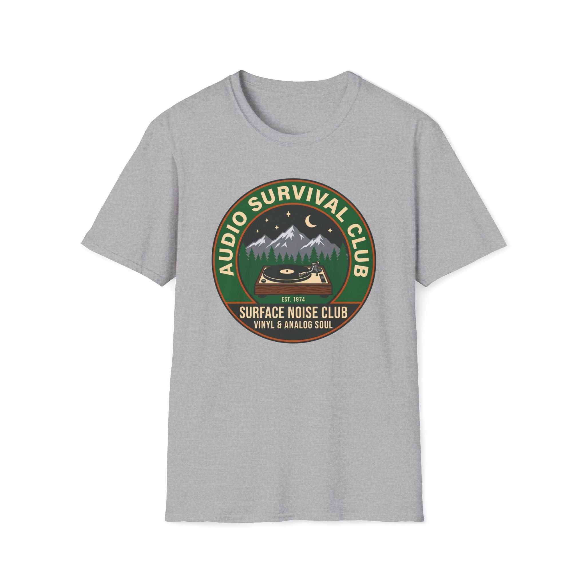 Audio Survival Club T‑Shirt — Retro Mountain Turntable Graphic