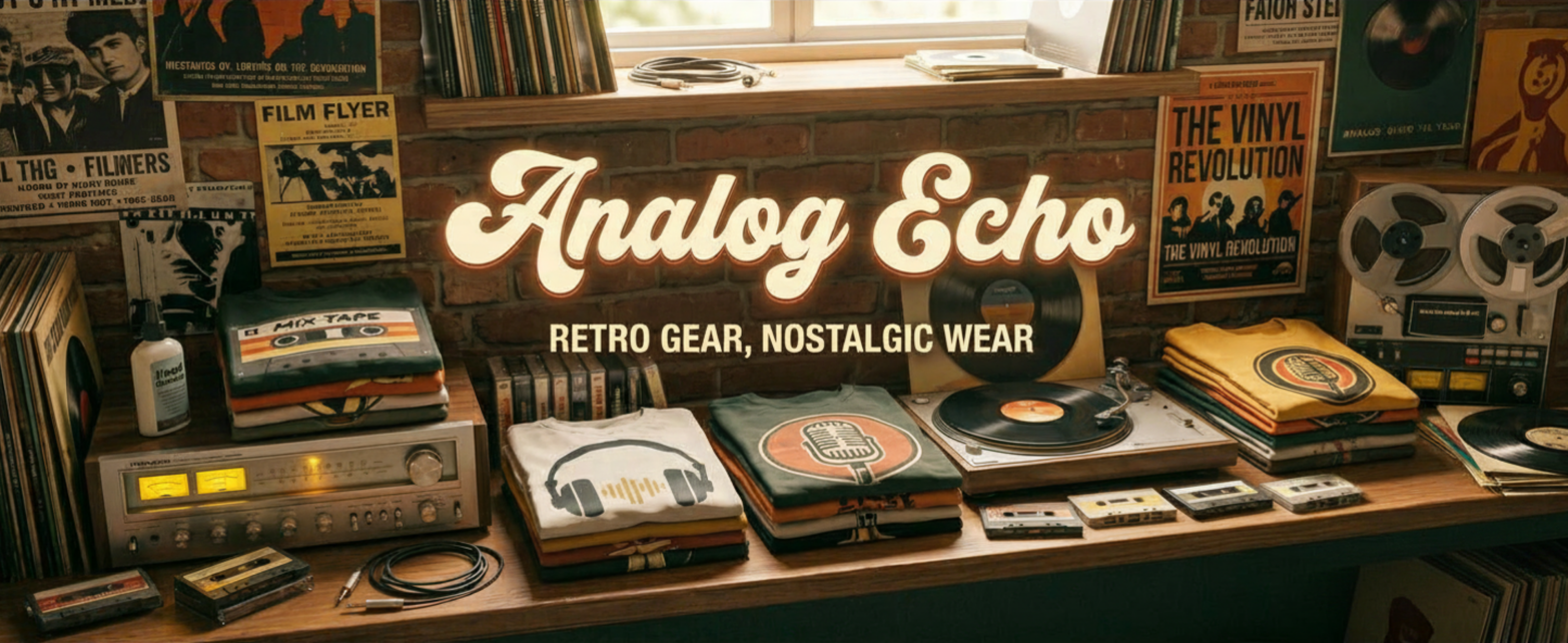 Display of vintage records and equipment with 'Analog Echo' sign.