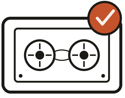 Illustration of a cassette tape with a red circle and check mark on a white background