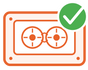 An orange line-art icon of a cassette tape with a green checkmark circle overlay on a white background.
